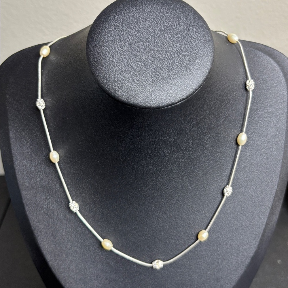 Elegant Pearl and Silver Tone Beaded Dainty Necklace